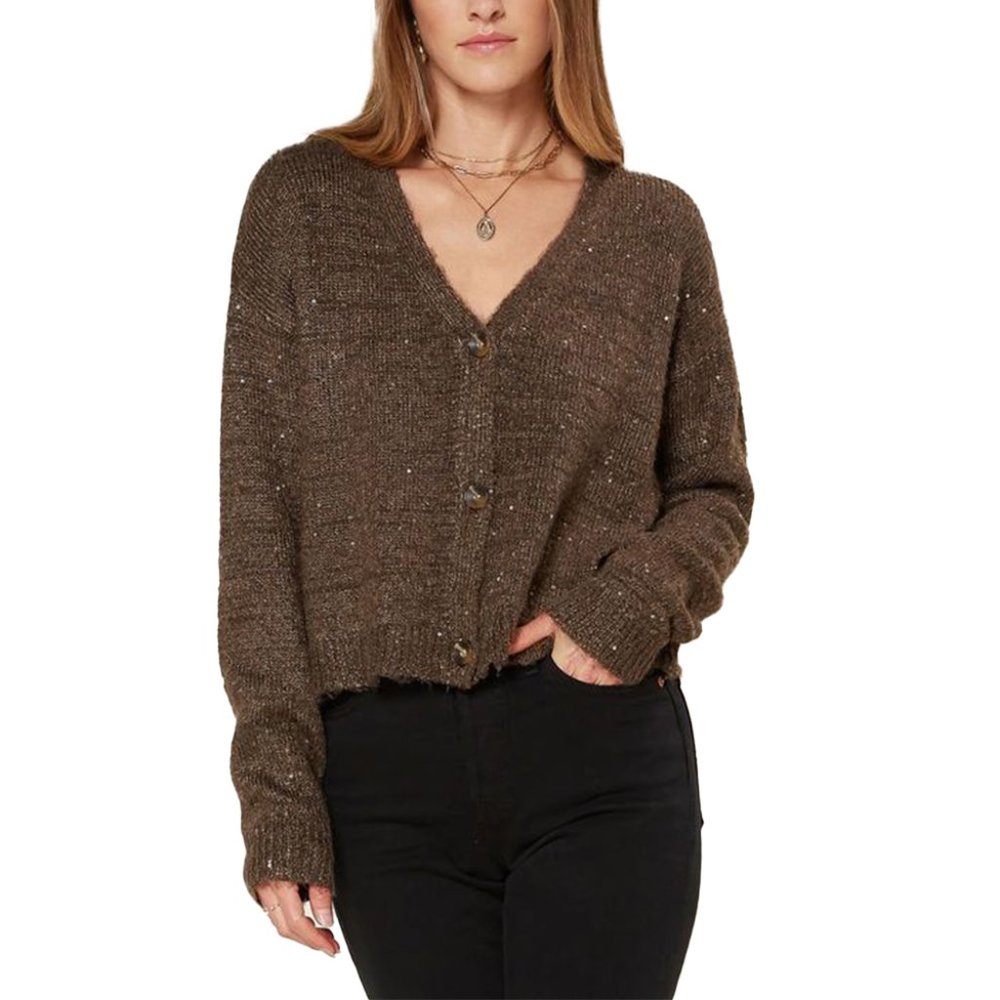 Current Air Shimmer Button Up Cardigan, Brown, Medium